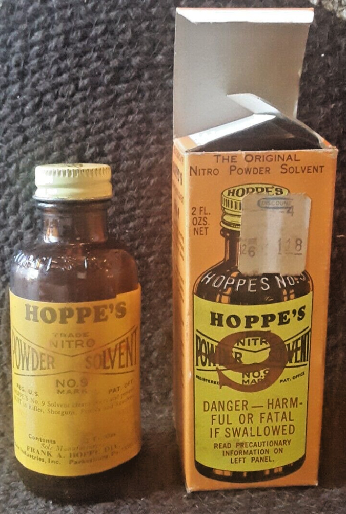 VINTAGE Hoppe’s Nitro Powder Solvent #9 Original (Empty) Bottle and Packaging
