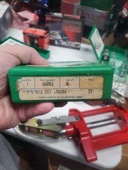 box of gun supplies breech lock challenger press, Die sets, powder trickler,