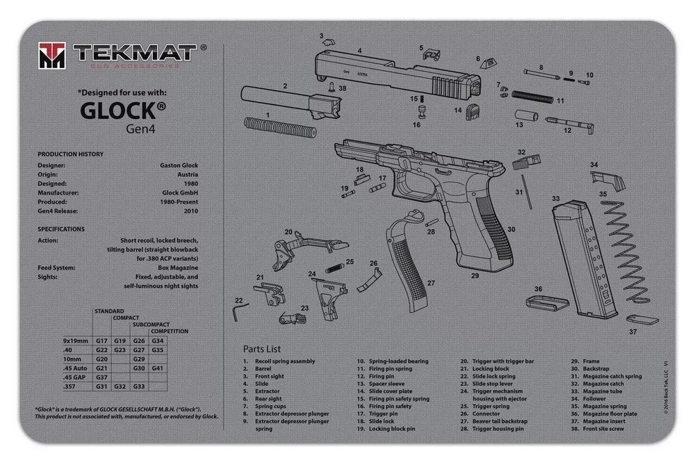 Tekmat Armorers Cleaning Mat 11″x17″ For Glock Gen 4 Grey – 17-GLOCKG4-GY