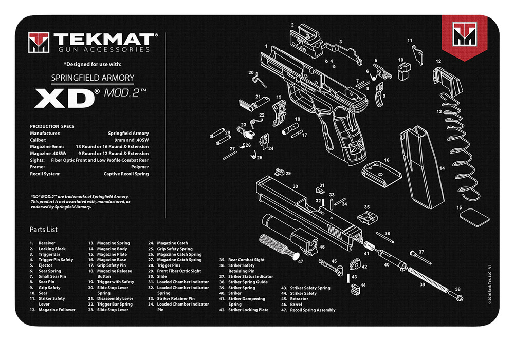 TekMat TEKR17XDMOD2 Springfield Armory XD MOD 2 Cleaning Mat Black/White Rubber