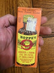 VINTAGE HOPPE’S NITRO POWDER SOLVENT #9 GLASS BOTTLE & ORIGINAL BOX HALF FULL