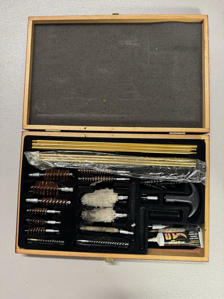 Multi Caliber Gun Cleaning Kit Wood Case Pistol Rifle Deluxe Set