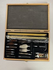 Multi Caliber Gun Cleaning Kit Wood Case Pistol Rifle Deluxe Set