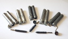 Lot Of 12 Military Metal Plastic Oil Bottles some have bore brushes