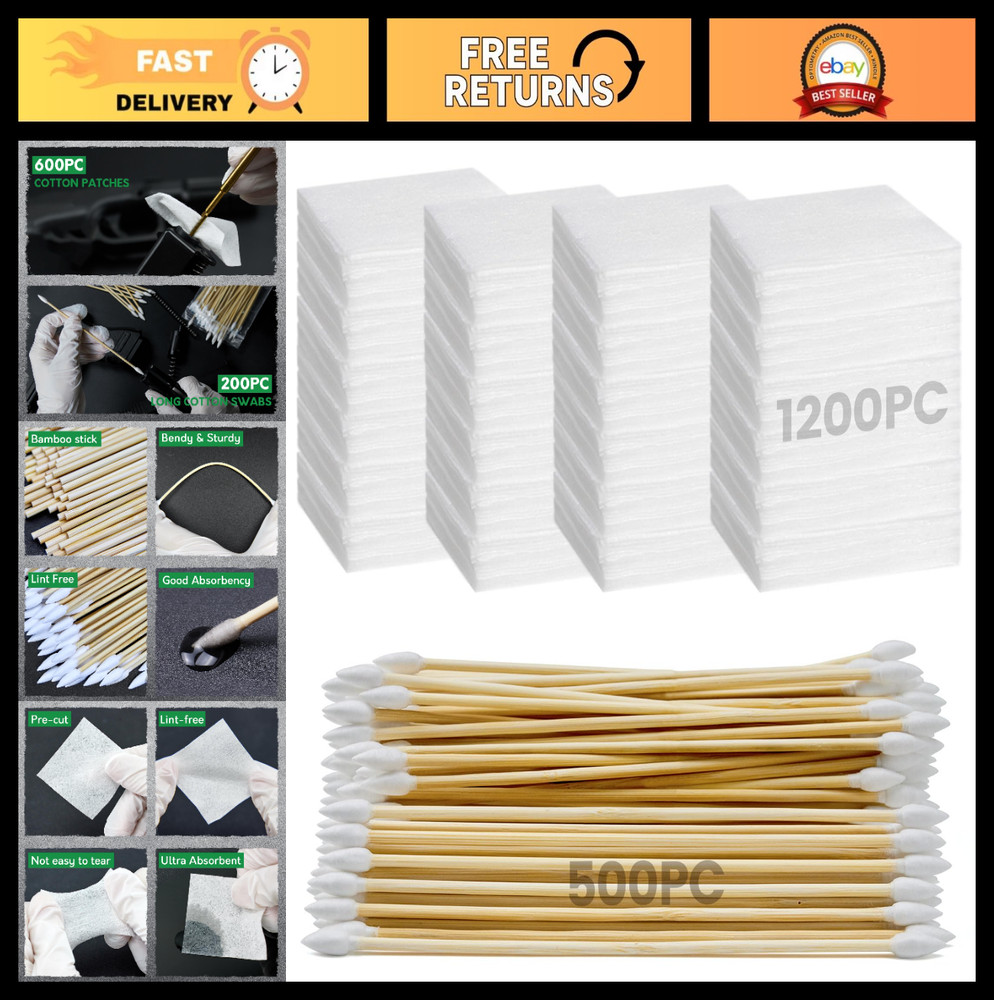 Gun Cleaning Kit – 6″ Cotton Swabs & 2″ Lint-Free Patches, Highly Absorbent Supp