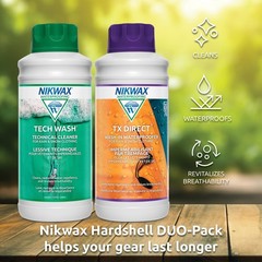 Nikwax Hardshell Cleaning & Waterproofing Duo-Pack, 1000ml, Cleans 34, Clear