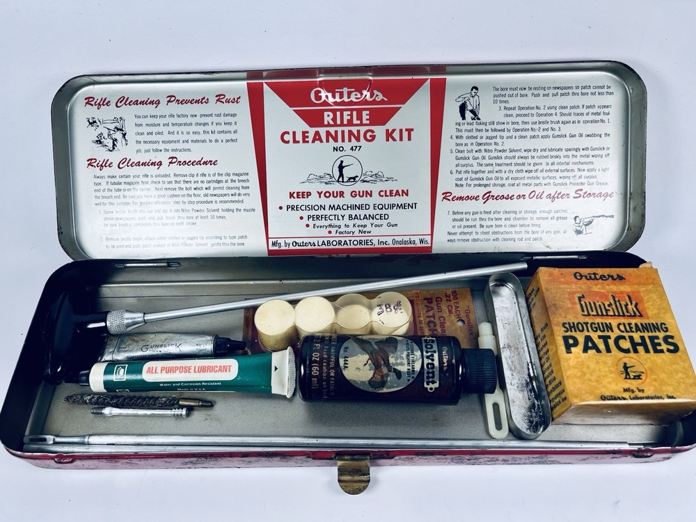 Vintage Outers Rifle Cleaning Kit No 477 Metal Tin Gunslick Patches USA