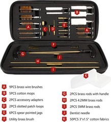 Gun cleaning kit with brass rod, brush, mop, cleaning bag and carrying case