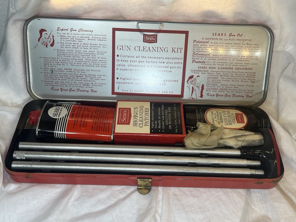 Vintage Sears .410 Gun Cleaning Kit w/ Red Metal Case, Gun Oil, Solvent & Cloth