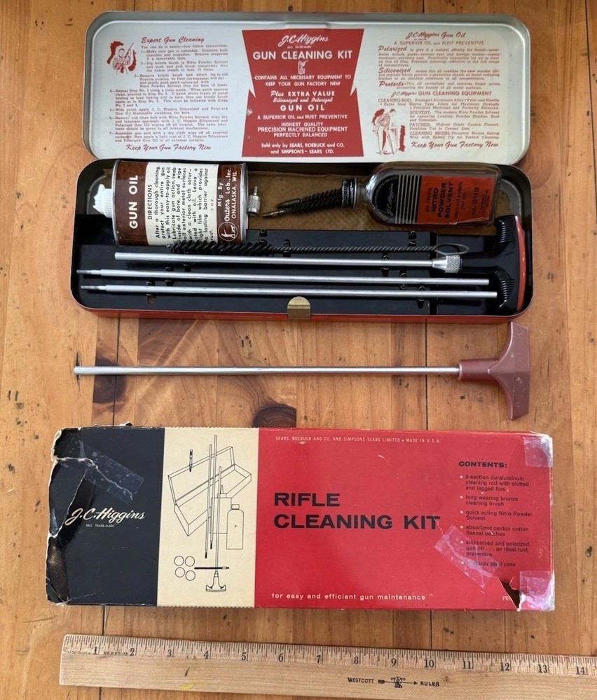 Vintage-J.C. Higgins-No.2140-Rifle Gun Cleaning Kit-12-16 Gauge w/Red Metal Case