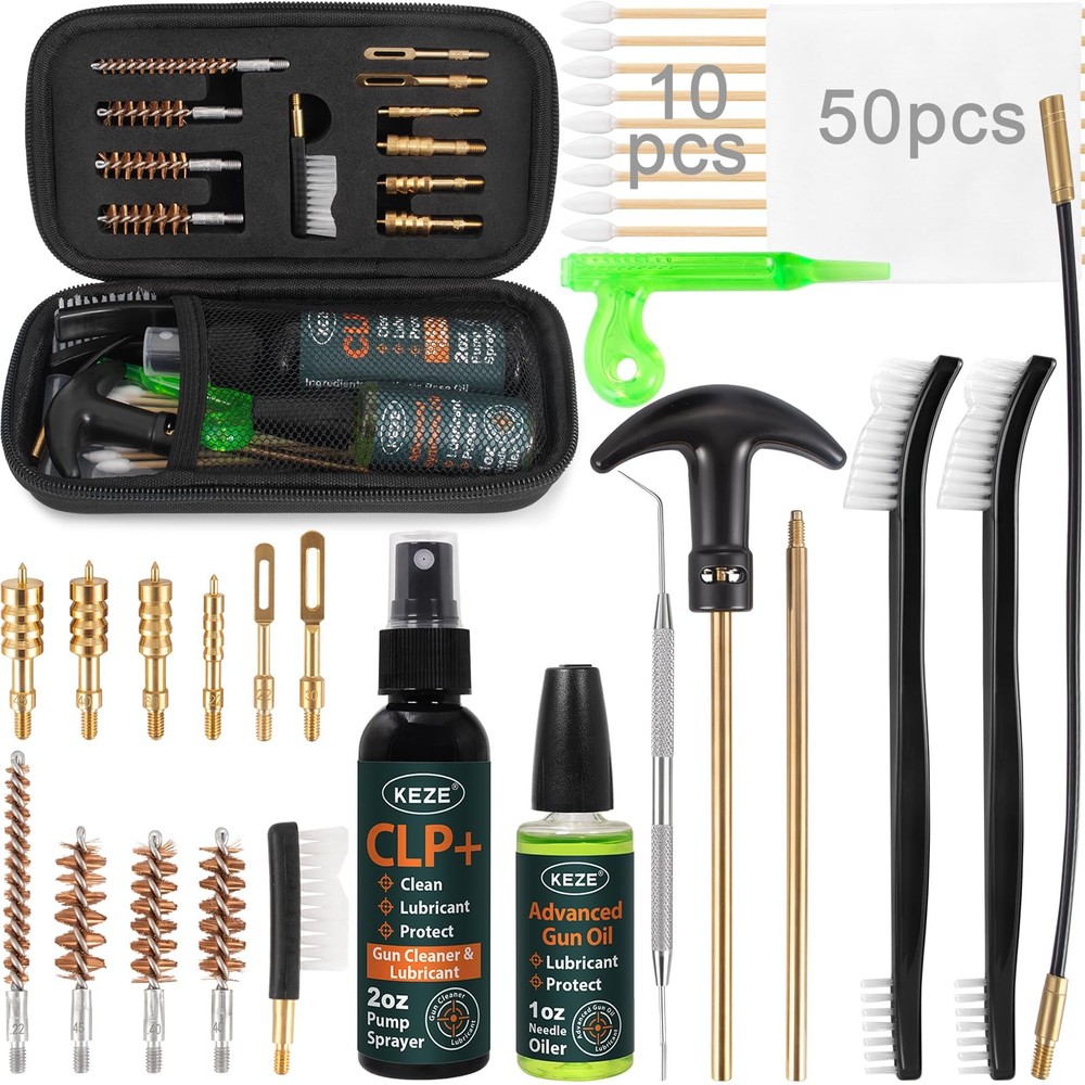 Keze Gun Cleaning Kit 9mm,.22,.357,.38,.45 with Oil 1 oz. & CLP compact