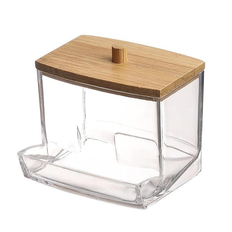 Clear Cotton Swab Storage Box with Bamboo Lid Makeup Swabs Toothpick Organizer