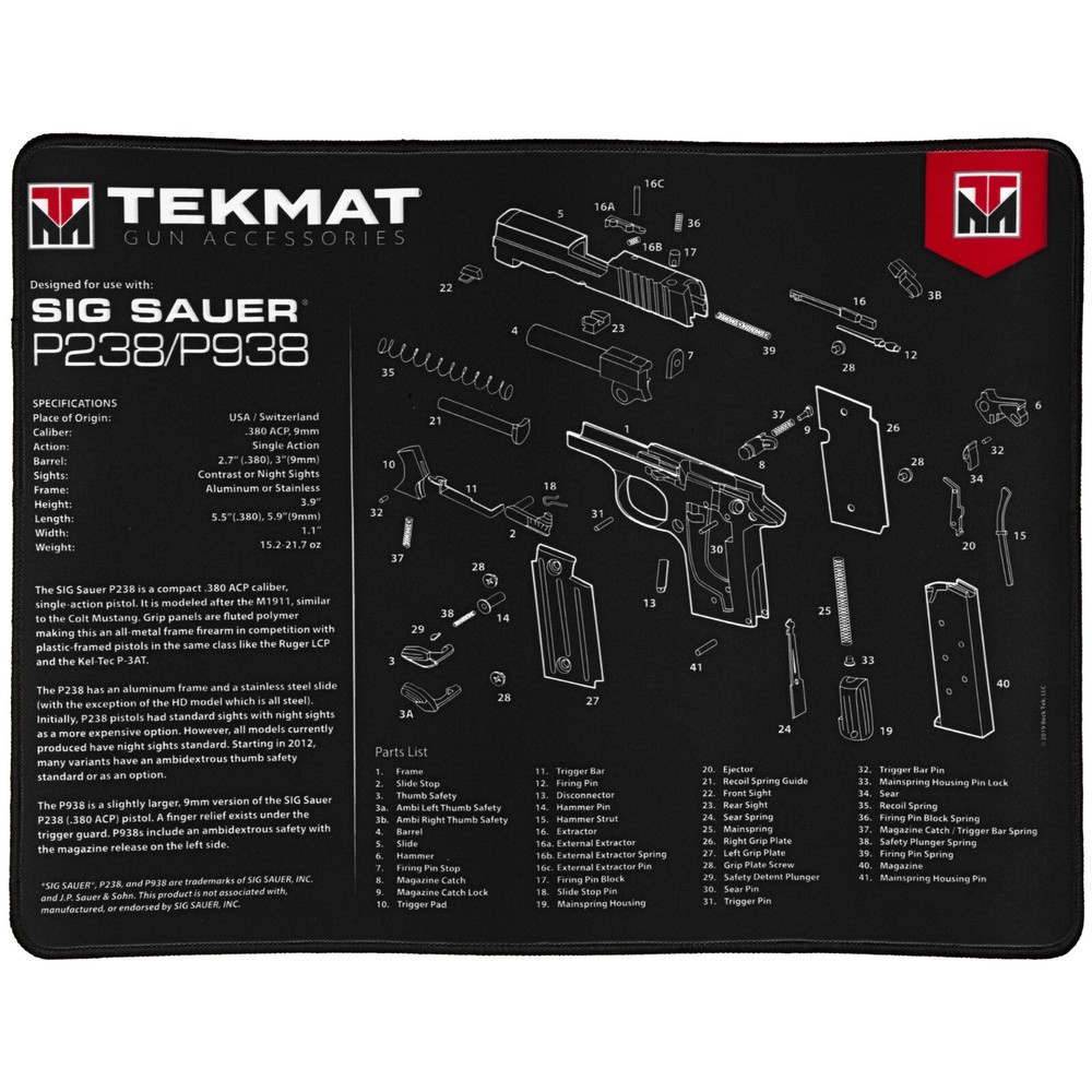 TekMat, For SIG SAUER P238 Premium Pistol Mat, 15″x20″, Black