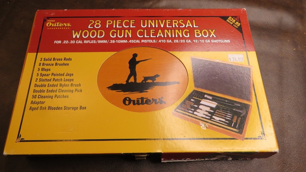 Vntg OUTERS 28pc multicaliber gun cleaning kit, brass rod, brushes patches more