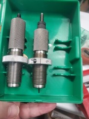 box of gun supplies breech lock challenger press, Die sets, powder trickler,