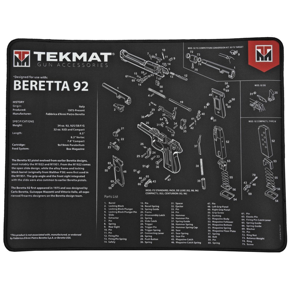 TekMat TEKR20BER92 Beretta 92 Ultra 20 Cleaning Mat Black/White Rubber 15″x20″