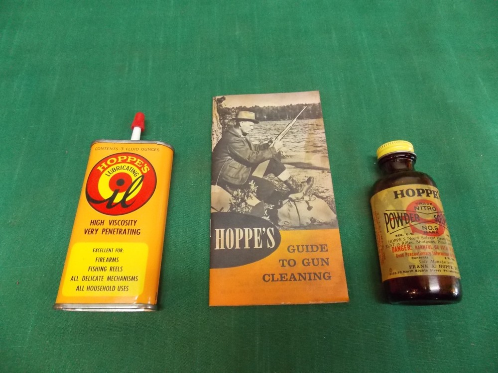 Vtg lot of HOPPE’S #9 gun cleaning EMPTY bottle oil tin can, Cleaning manual