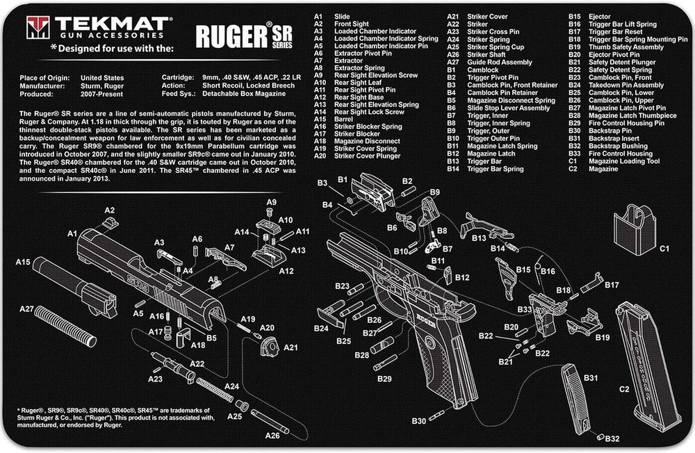 TekMat Ruger SR 9/SR 40 17″x11″ Gun Cleaning Mat Black – TEK-R17-RUGER-SR9