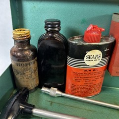 Vintage Challenger Gun Cleaning Case, Sears Oil, Patches, Grease, Bores, Brushes