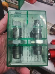 box of gun supplies breech lock challenger press, Die sets, powder trickler,