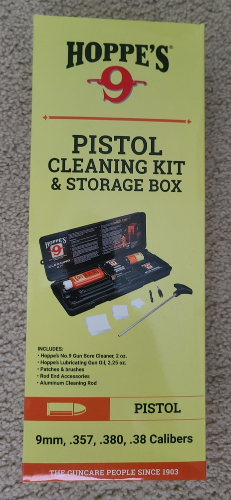 HOPPES 9 PISTOL CLEANING KIT & STORAGE BOX bore cleaner, OIL, patches & BRUSHES