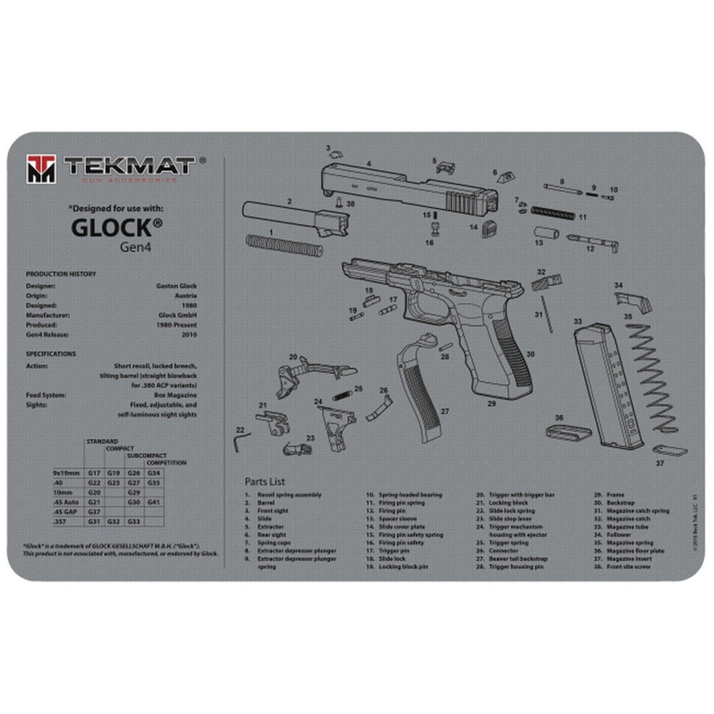 TekMat Ultra Premium Gun Cleaning Mat – 20″ X 15″ – Glock Gen 4 – Gray