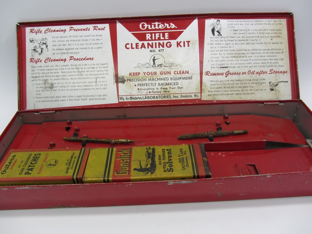 Vtg Outers Gunslick Cleaning Kit W/ Patches, Oil Bottle Empty Box Tin