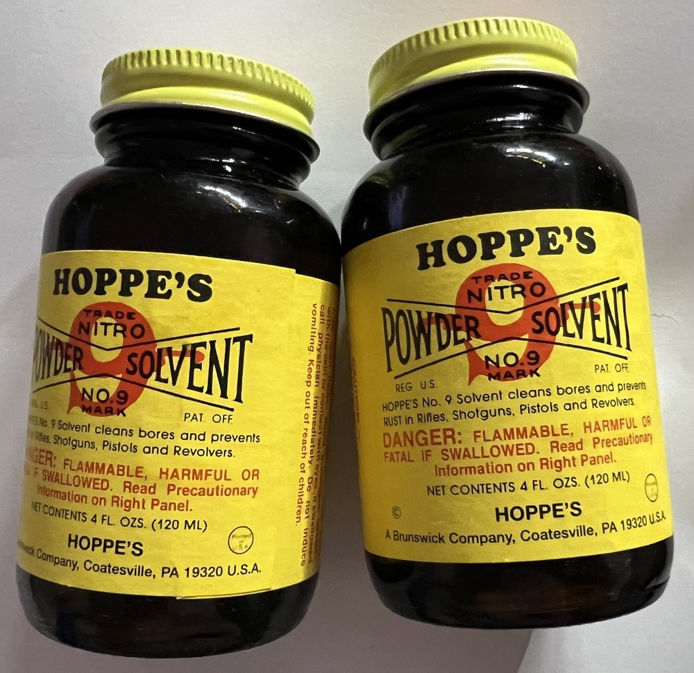 Two Hoppe’s No. 9 Nitro Powder Solvent 4 fl oz Glass Bottle Yellow Label/Cap