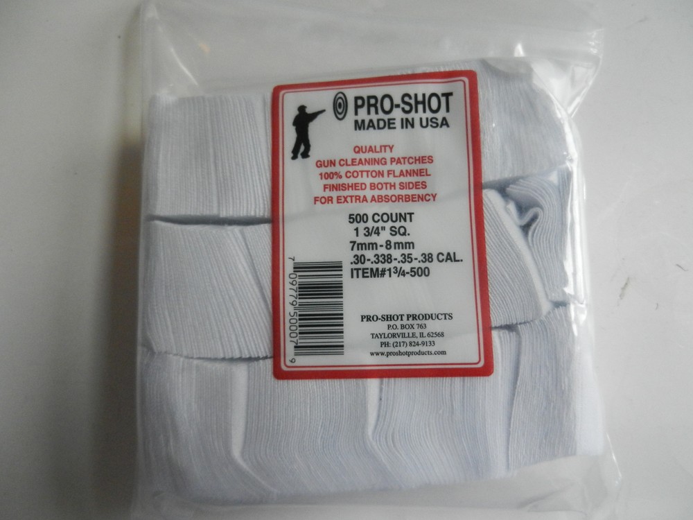 Pro-Shot, Pro Shot Cotton, 500 Patches; 7mm-8mm, 30-38 cal; 1.75″ x 1.75″