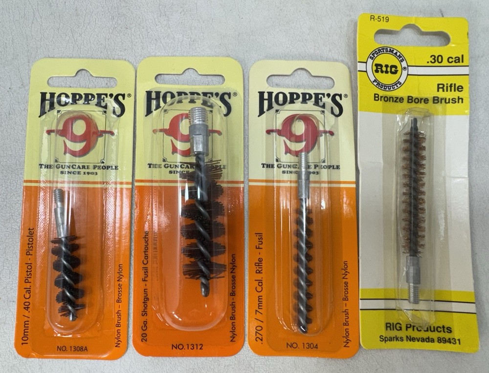 Lot of 4 Bore Brushes Nylon & Bronze .40, 20 Ga, 7mm, .30 Cal Hoppe’s + Rigs