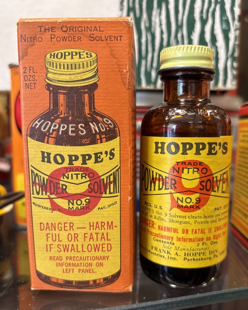 Vintage Hoppe’s No. 9 Nitro Powder Solvent Bottle Partial Contents Original Box