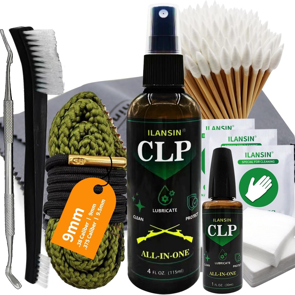9mm Bore Cleaner & 5oz CLP Oil Gun Cleaning Kit with Gun Snake .38 .375 9.5mm…
