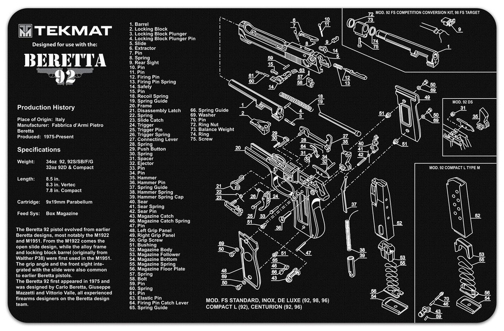 Illustrated Gun Cleaning and Repair Mat for Beretta, 11″ x 17″ Neoprene Rubber