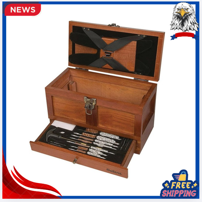 70084 25 Piece Gun Cleaning Kit Wooden Chest Universal Brass Rod Brushes Set