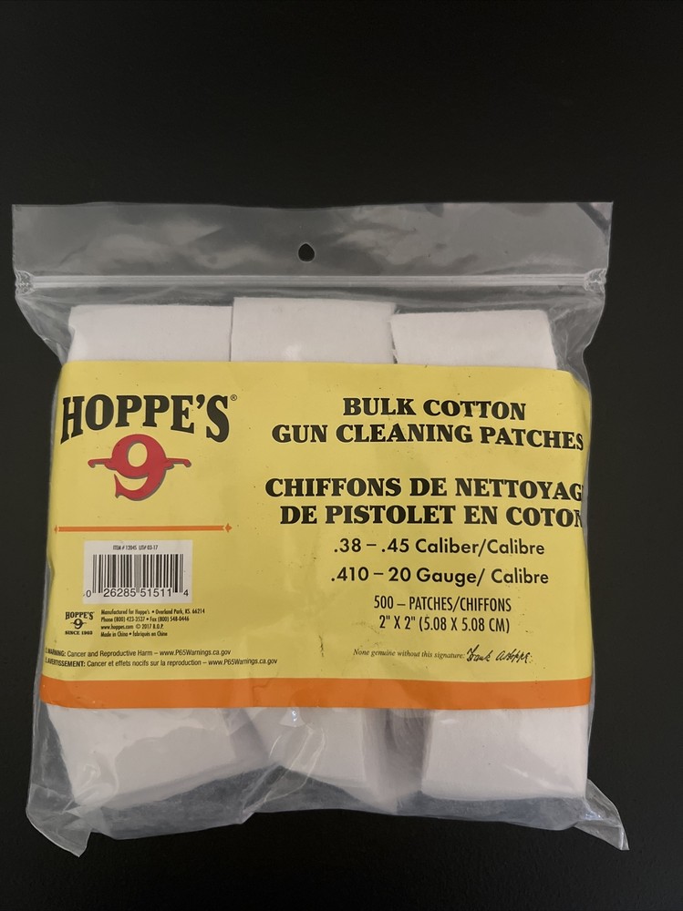 Hoppe’s Gun Cleaning Patches, # 4, For .38-.45 cal/410-20ga, 500 pack, mfg 1204S