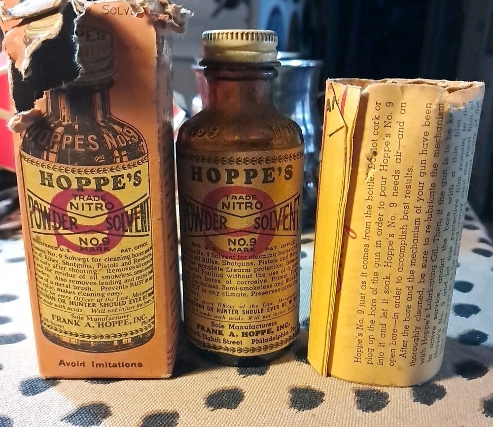Vintage 1937 HOPPE’S No.9 Nitro Powder Solvent Oil With Manual Damaged Box Empty
