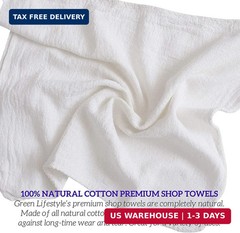 GREEN LIFESTYLE Shop Towels 12″ x 14″ 100 Pack – White Cotton Shop Towels, Clean