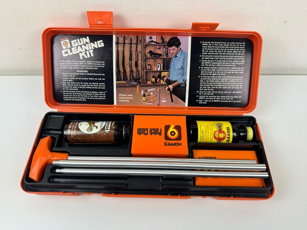 Hoppes 9 Old Vintage Gun Cleaning Kit & Storage Box Nice Orange Hard Case 1980s