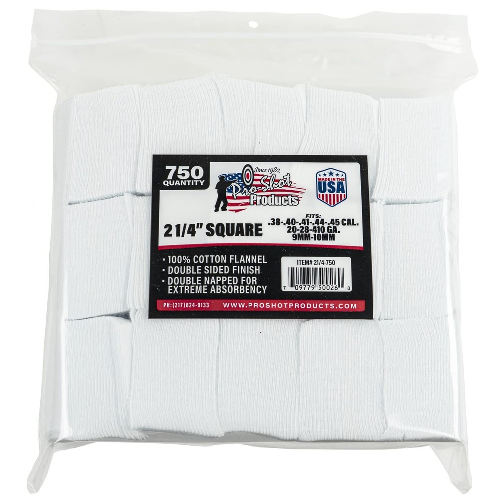 Flannel Gun Cleaning 750 Count Patches .38-.45Caliber/.20-.410Ga. 21/4SQ.WHITE