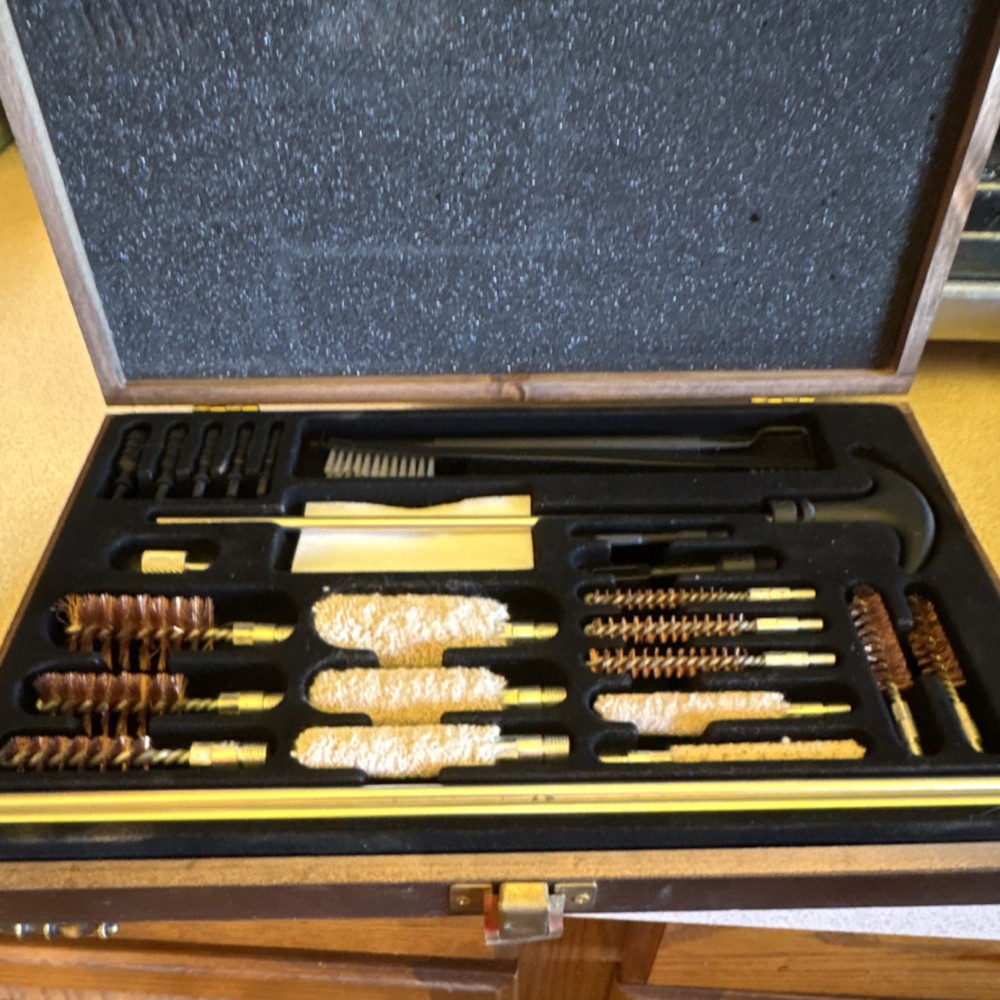 Gun Cleaning Kit with Wooden Case, Brushes, Rods, Bore Mop, Cloth, Brass Jags