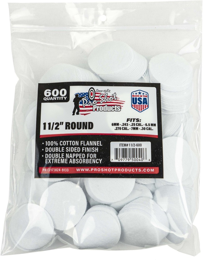 Pro-Shot Cotton Flannel Patches 6mm – .30 Caliber 1.5 Inch Round 600 : 11/2-600