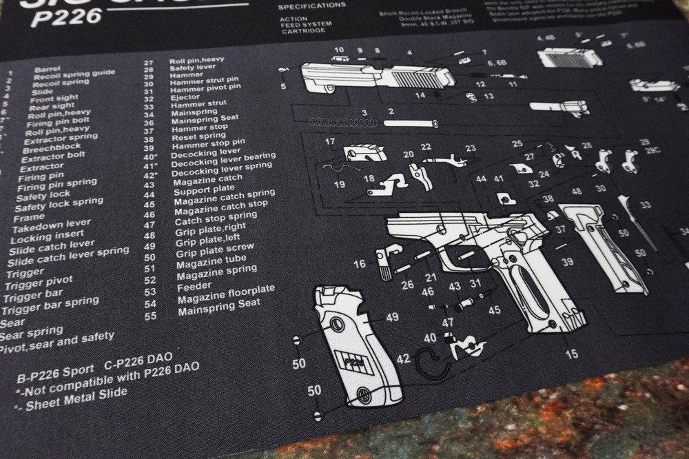 Gun Cleaning Mat for Sig Sauer P226 Breakdown Schematics Parts Diagram