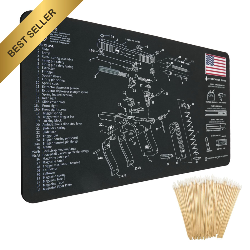 Black Gun Cleaning Mat 24×12 For Glock Pistol Maintenance Pad With 6″ Swabs