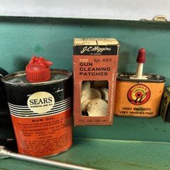Vintage Challenger Gun Cleaning Case, Sears Oil, Patches, Grease, Bores, Brushes