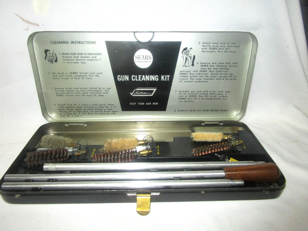 Vintage Sears Roebuck and Co gun cleaning kit, No. 2152 12-16Ga, 20-28Ga, 410Ga