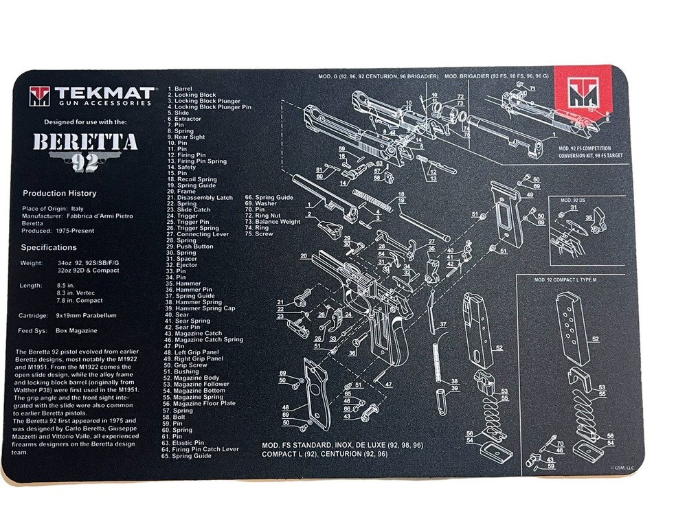 TekMat Beretta 92 Gun Cleaning Mat 17”x11”