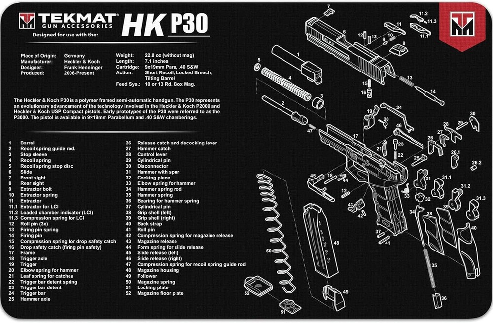 TekMat Heckler & Koch P30 17″x11″ Gun Cleaning Mat Black – TEK-R17-HKP30