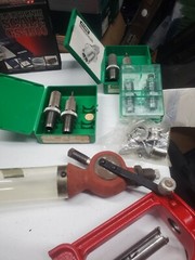 box of gun supplies breech lock challenger press, Die sets, powder trickler,