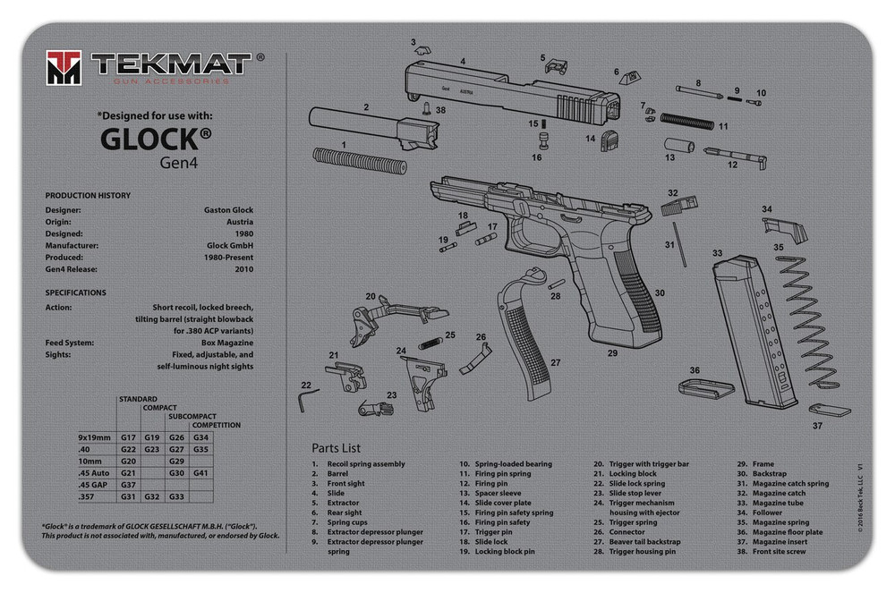 TekMat Ultra Premium Handgun Cleaning Mat Glock G4 (Gray)