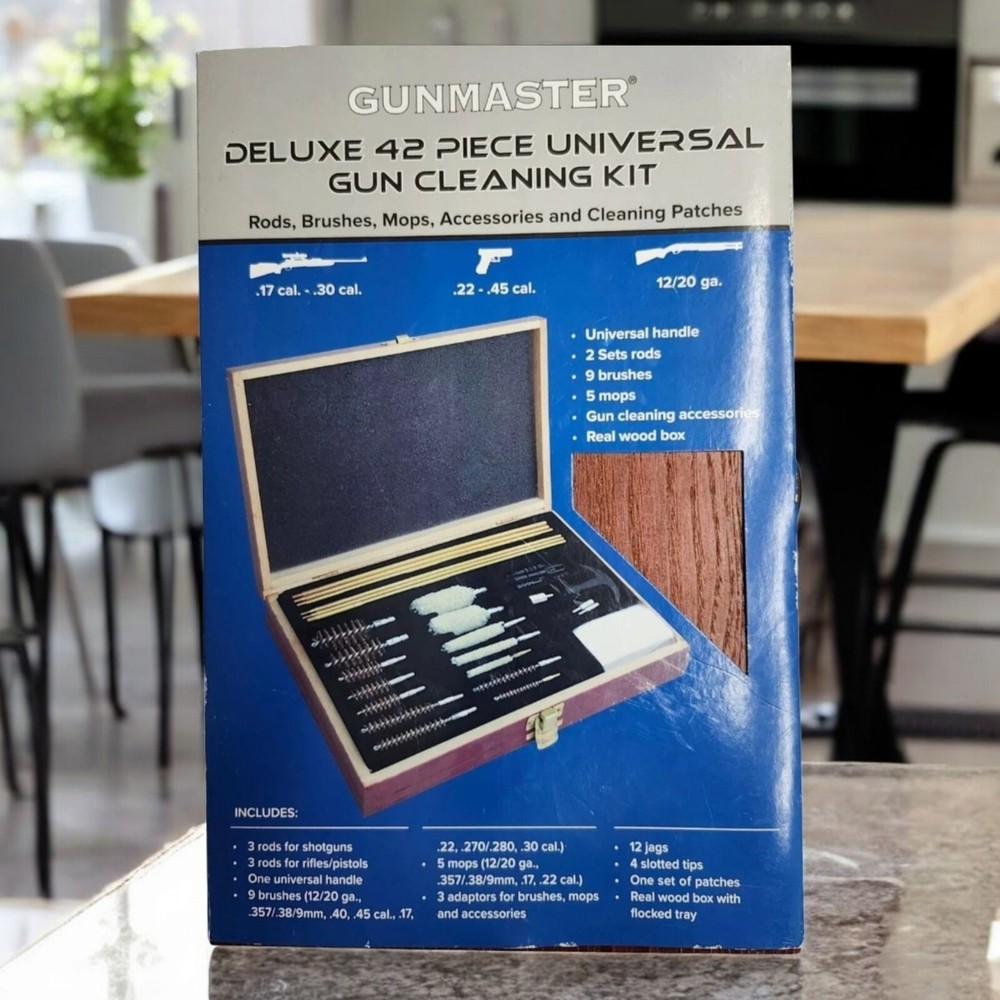 GunMaster Deluxe 42 Piece Universal Gun Cleaning Kit Rods Brushes Mops Wood Box